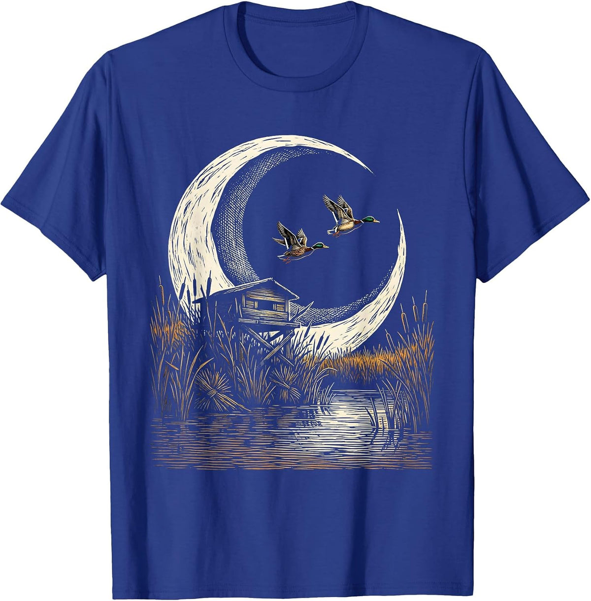 Men's Crescent Moon Duck Blind Silhouette Hunting Design T-Shirt - Royal Blue