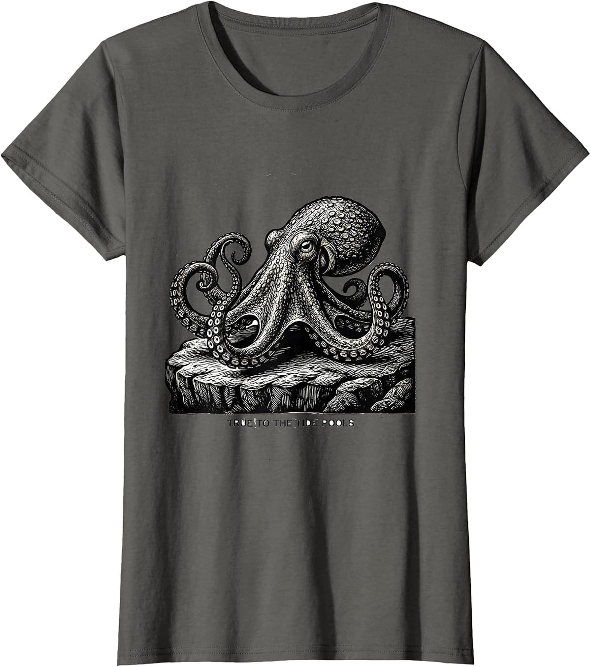 Women's True to the Tide Pools Vintage Octopus Japanese Sea Animal T-Shirt - Asphalt Grey