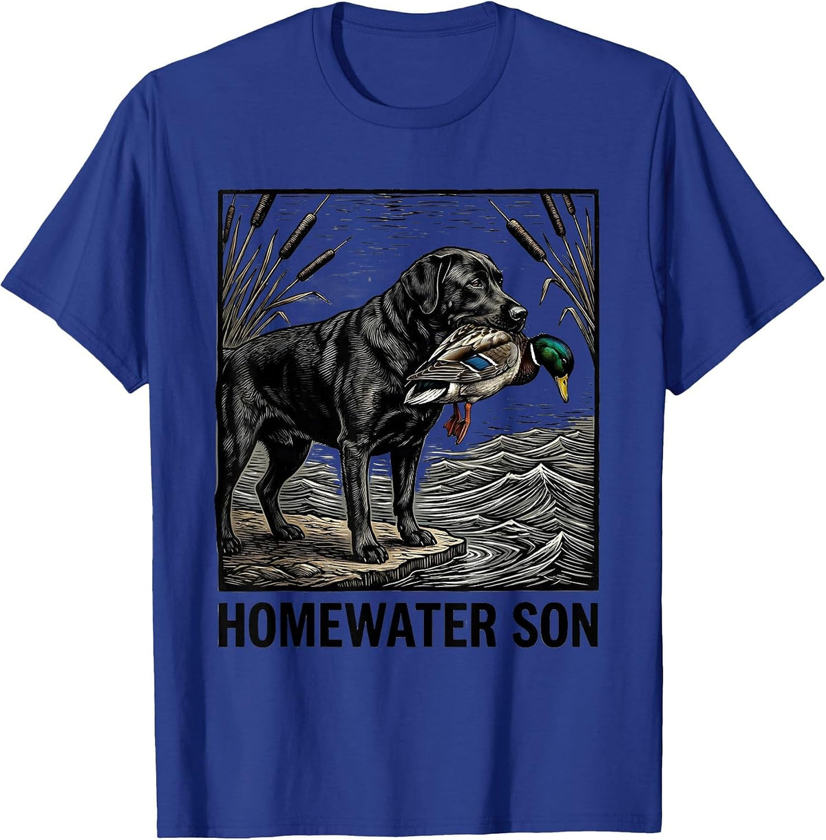 Men's Homewater Son Woodcut Engraving Black Labrador Duck Hunting T-Shirt - Royal Blue