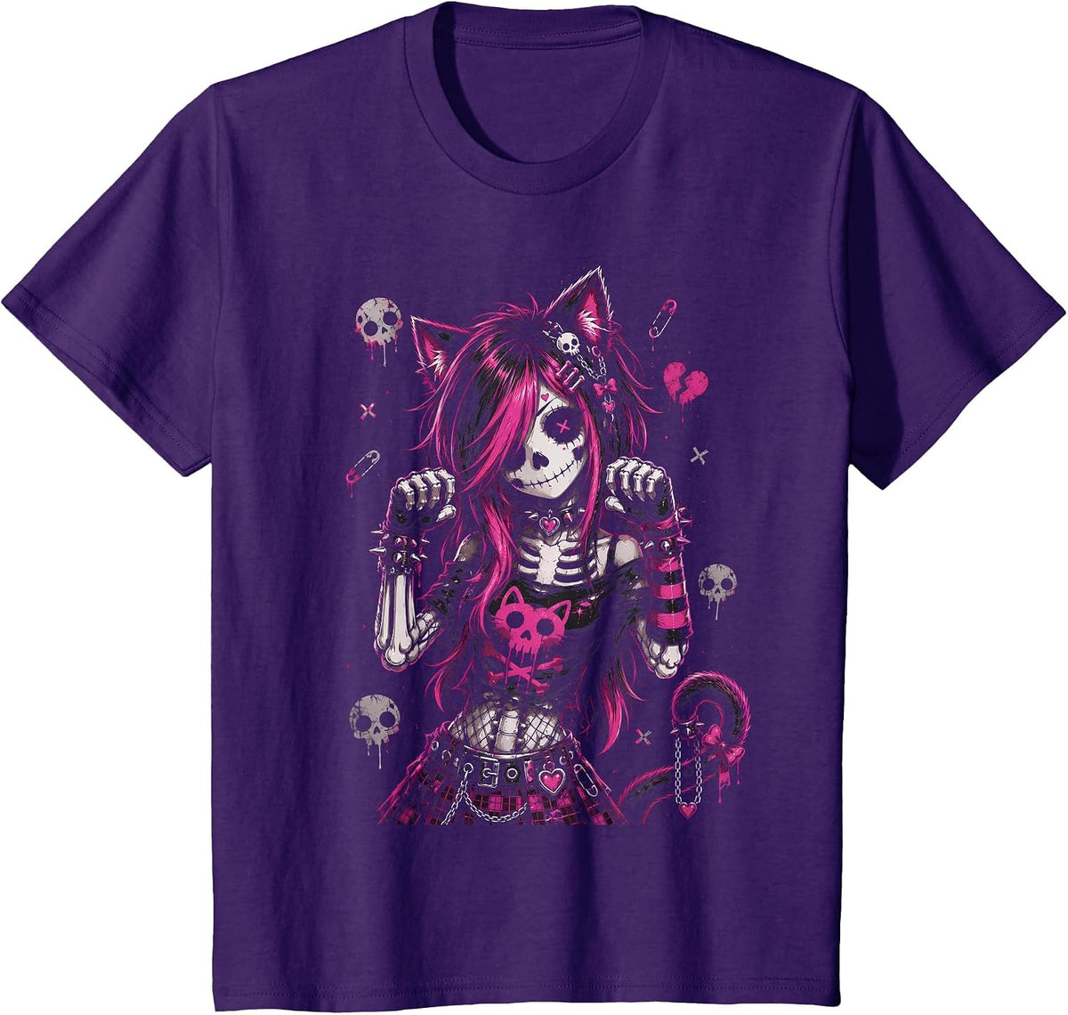 Emo Skeleton Cat Girl Pink Goth Aesthetic Rock Design T-Shirt - Purple