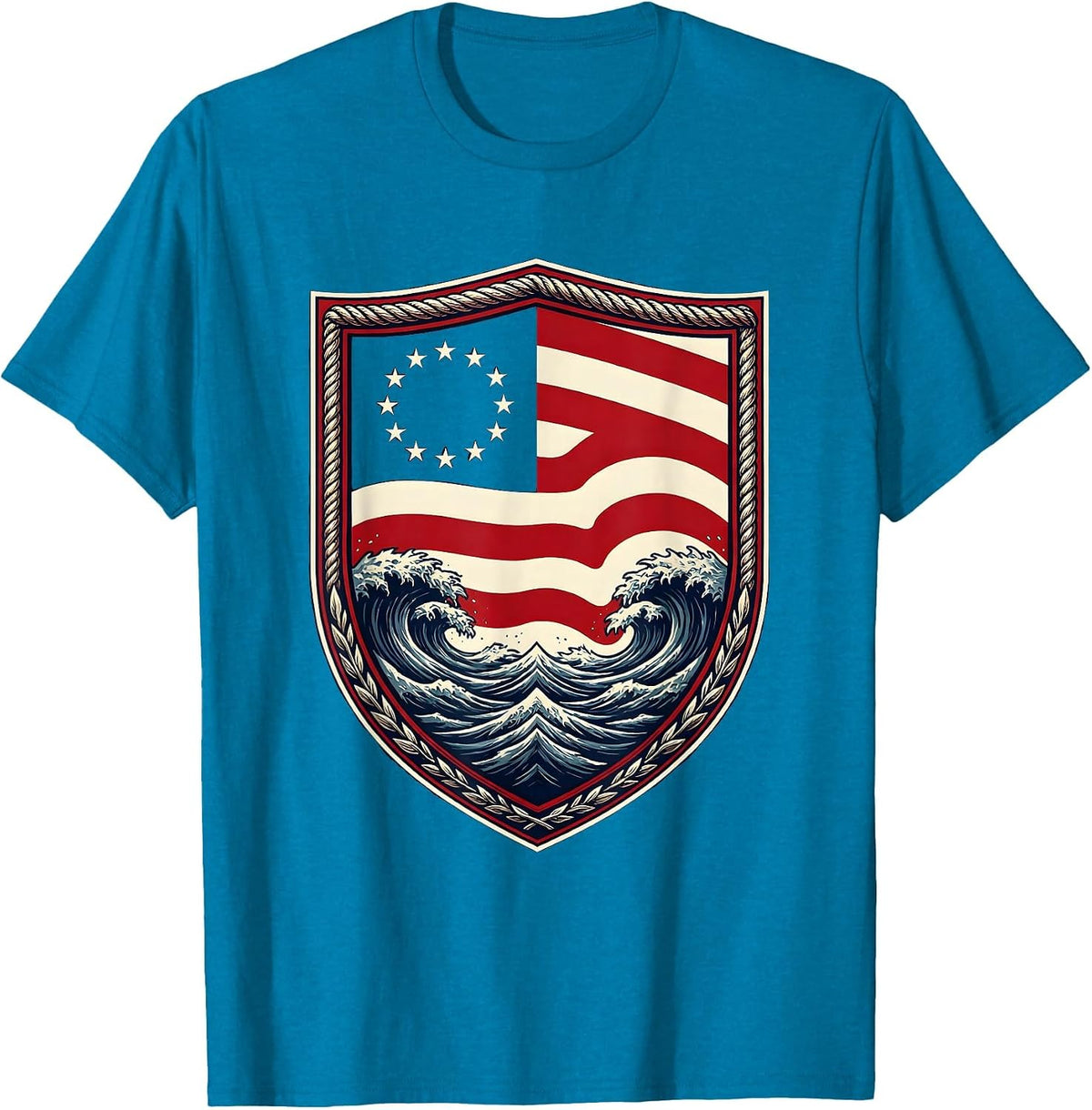 American Flag Stripes Melting Into Ocean Waves T-Shirt - Sapphire Blue