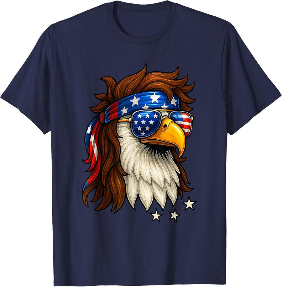 Bald Eagle in Sunglasses American Flag 4th of July Patriotic T-Shirt - Navy Blue