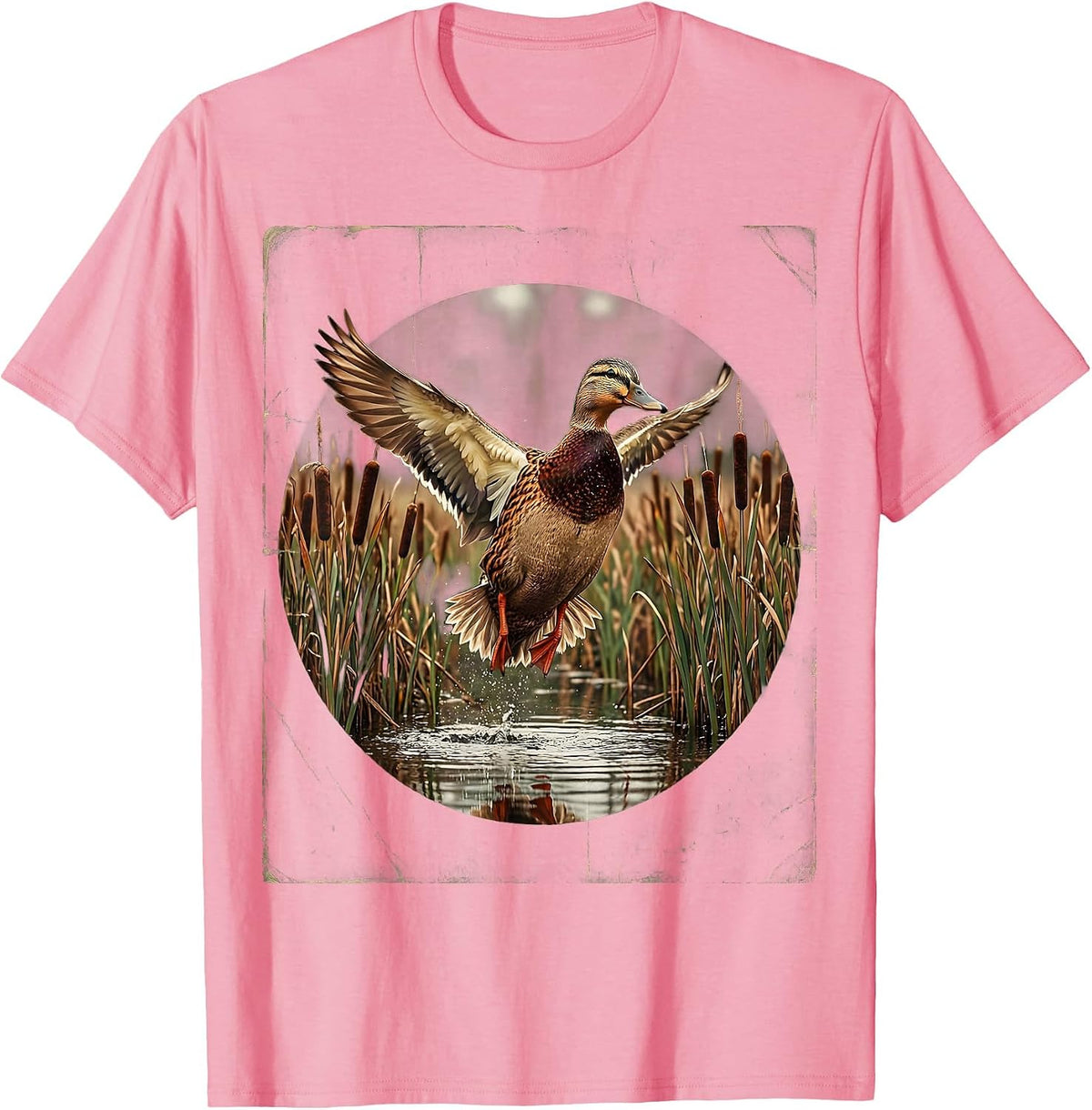 Men's Duck Flying Over Marsh Reeds Wildlife Illustration T-Shirt - Pink