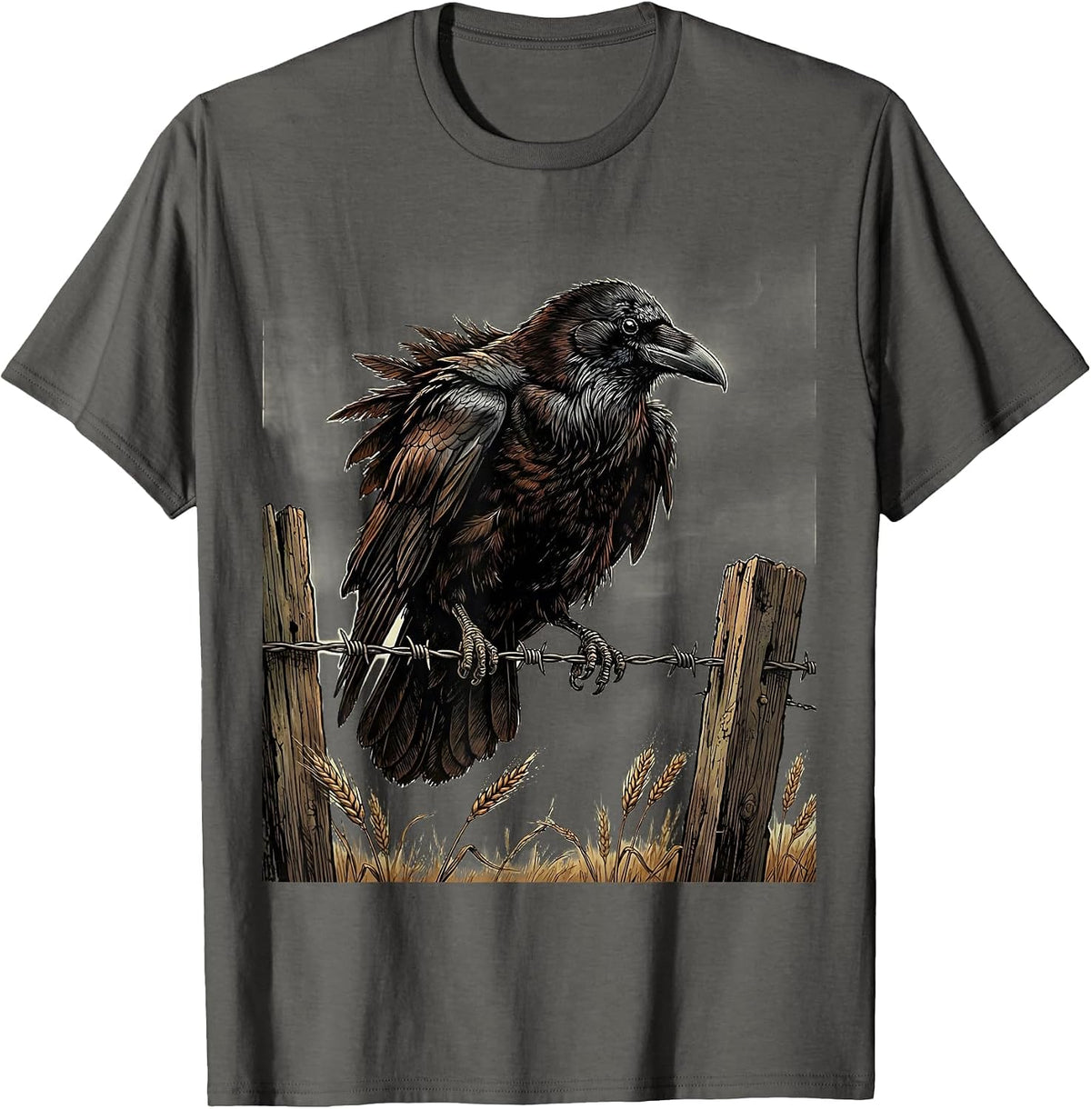 Crow Perched on Barbed Wire Illustration T-Shirt - Asphalt Grey