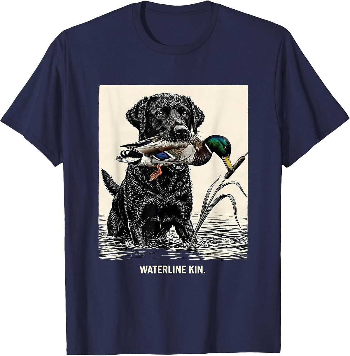 Men's Waterline Kin Scratchboard Black Lab Duck Hunting Youth Boys T-Shirt - Navy Blue
