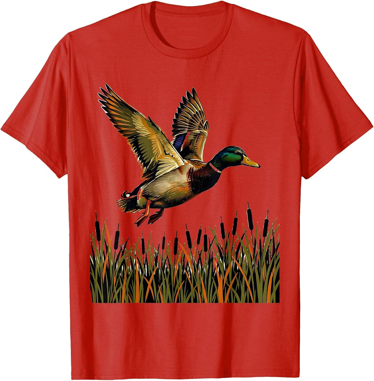 Men's Duck Flying Over Camo Marsh Reeds Illustration T-Shirt - Red