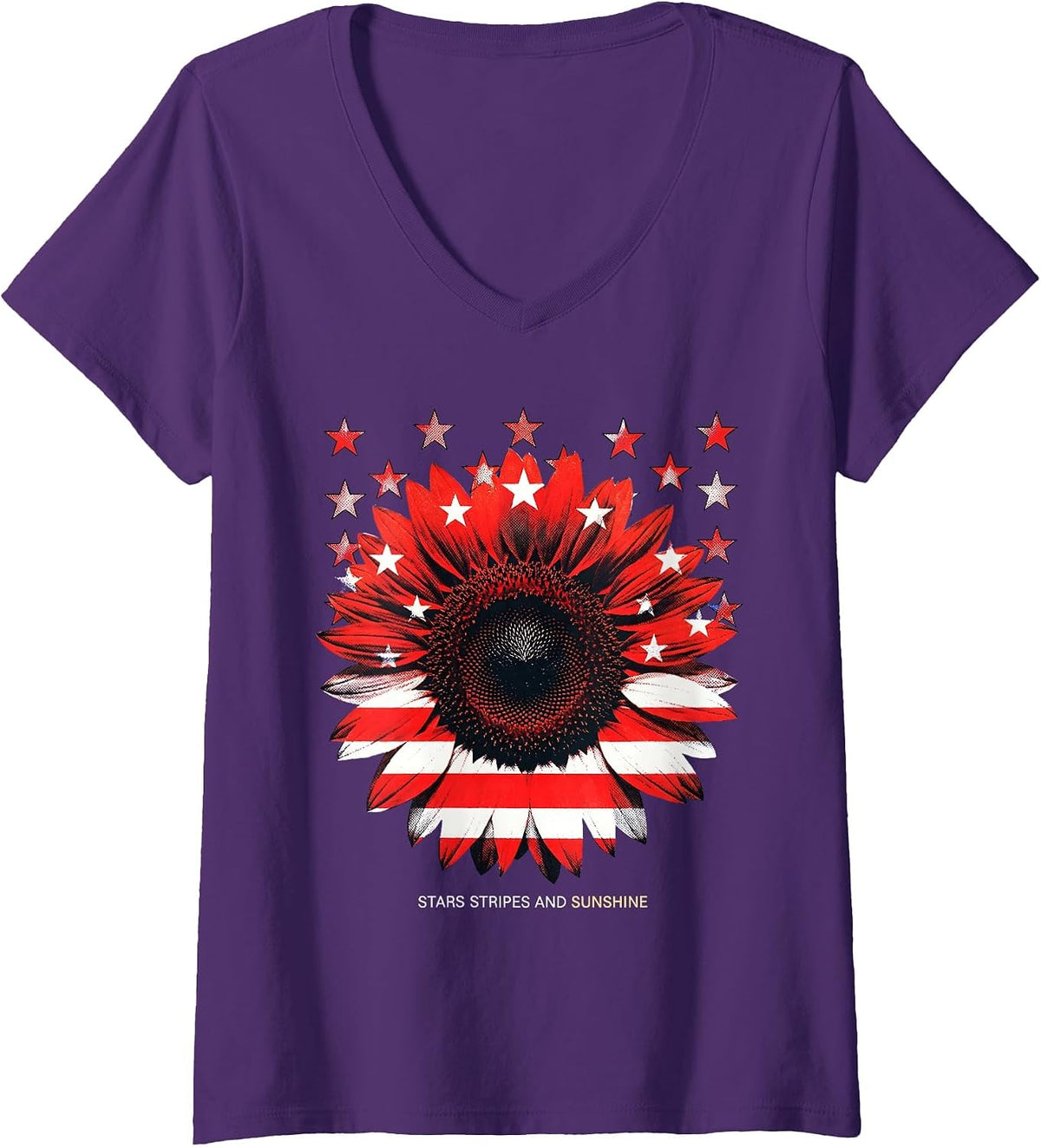 Women's Stars Stripes and Sunshine Red White Blue Design V-Neck T-Shirt - Purple