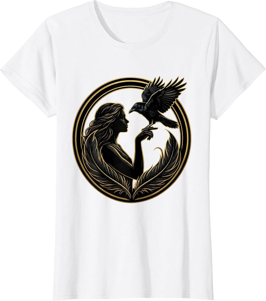 Women's Woman and Crow Illustration Nature Art Design T-Shirt - White