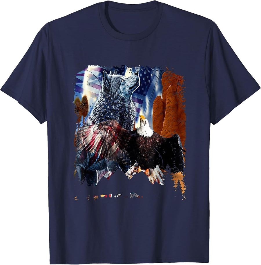 Wolf with Bald Eagles American Flag Patriotic Independence T-Shirt - Navy Blue
