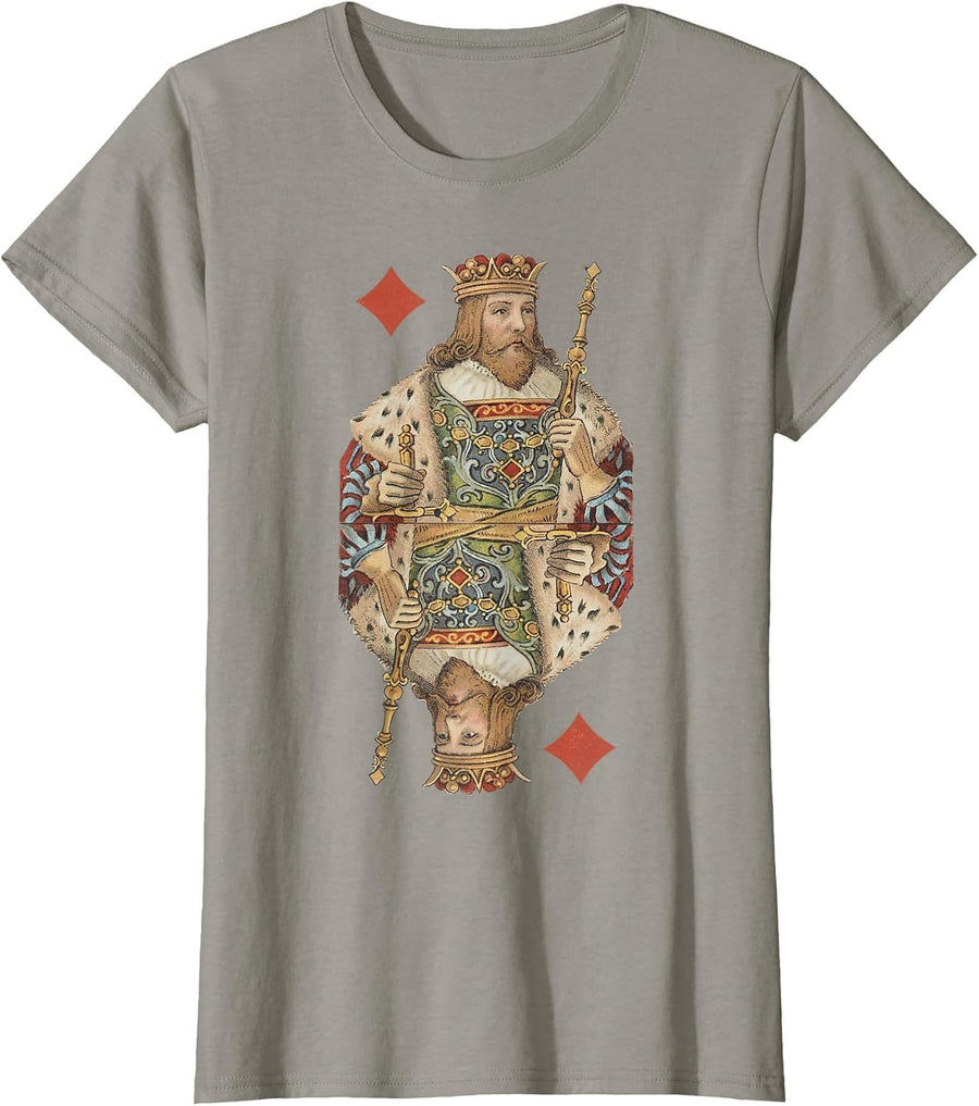 King of Diamonds Antique Art Nouveau Playing Card Art T-Shirt, Women, Slate Grey, Large - As Pictured