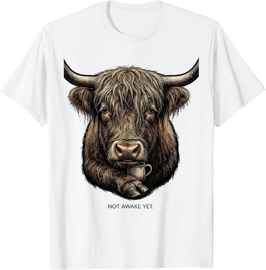 Men's Not Awake Yet Highland Cow Funny Cute Coffee Lover Graphic T-Shirt - White