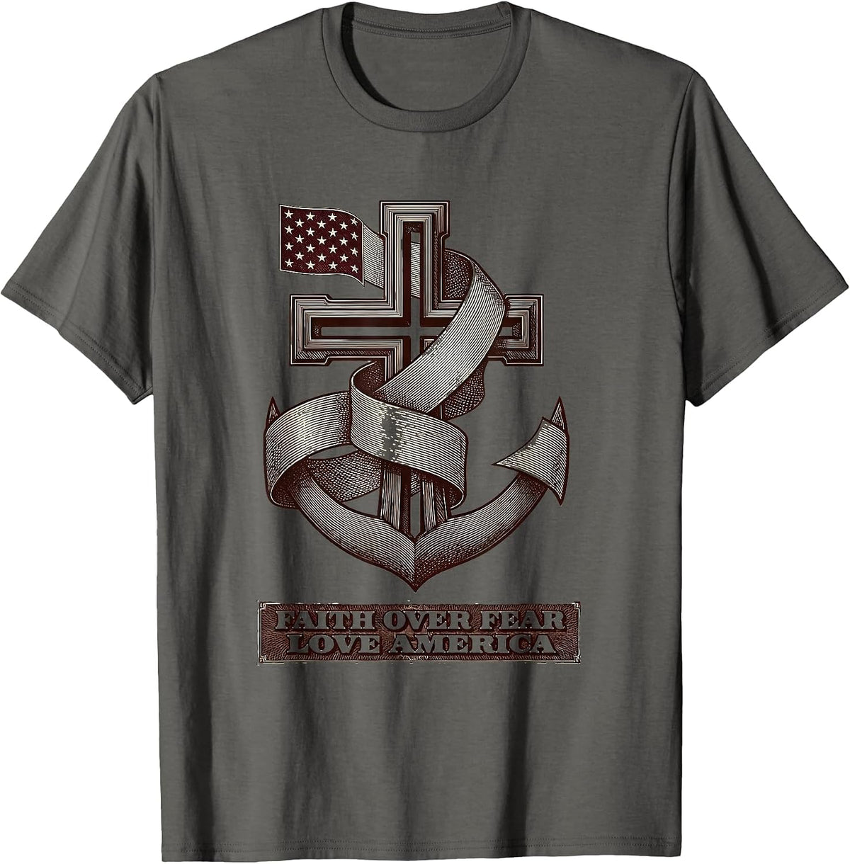 Faith Over Fear Love America Patriotic Christian Cross T-Shirt - Asphalt Grey