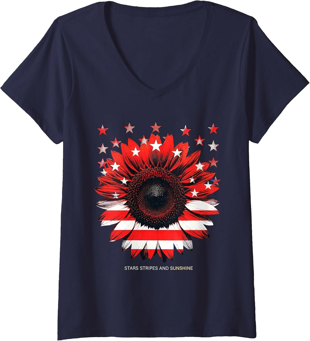 Women's Stars Stripes and Sunshine Red White Blue Design V-Neck T-Shirt - Navy Blue
