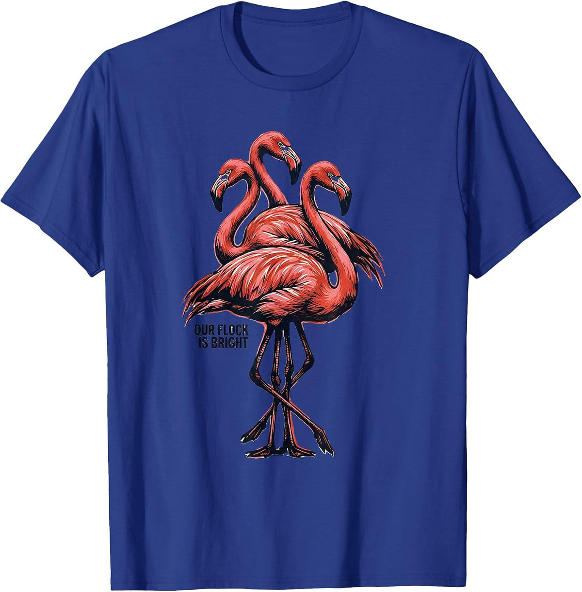 Men's Our Flock Is Bright Linocut Flamingo Lover Family Matching T-Shirt - Royal Blue