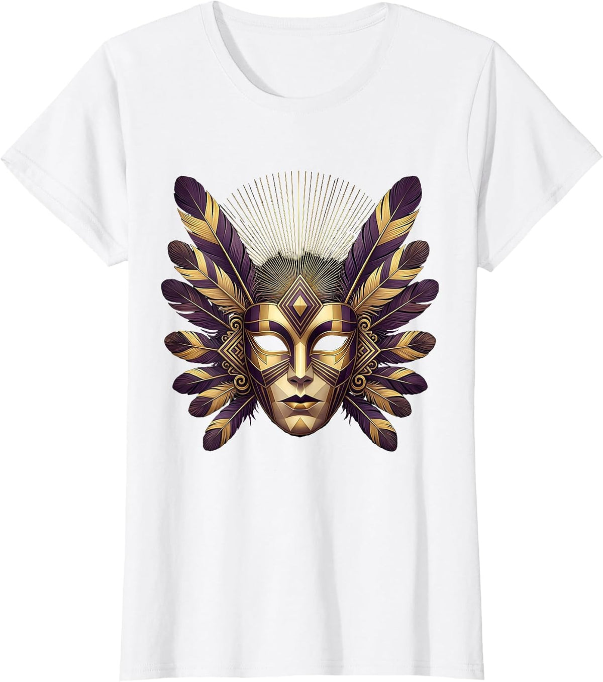 Mardi Gras Ornate Masquerade Mask Feather Plumes T-Shirt - White