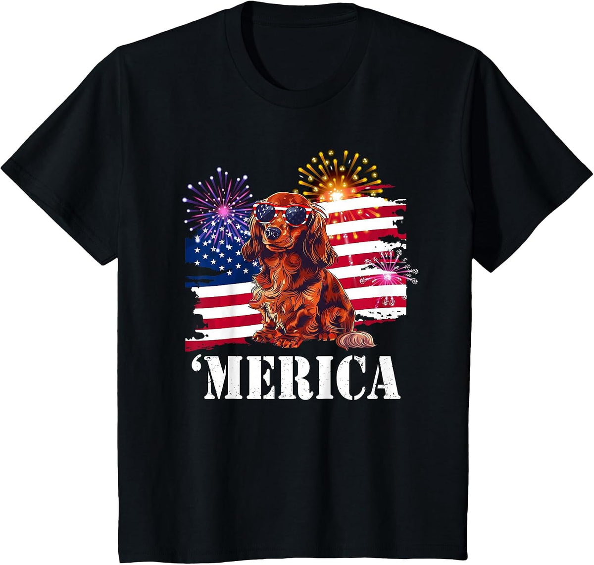 American Flag 4th of July Merica Long Haired Dachshund Lover T-Shirt - Black