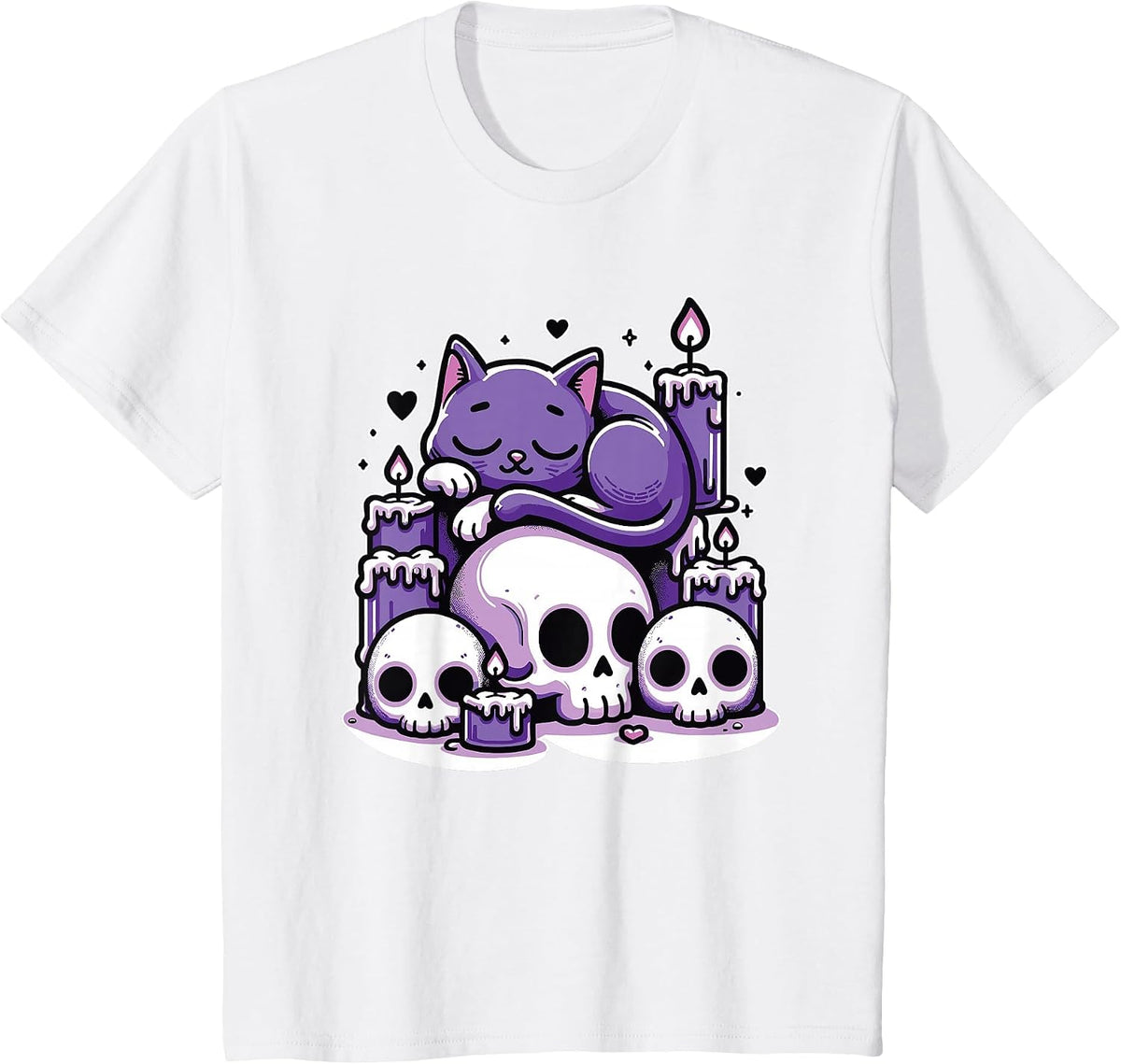 Kawaii Pastel Goth Cute Creepy Cat Candles Skeleton T-Shirt - White
