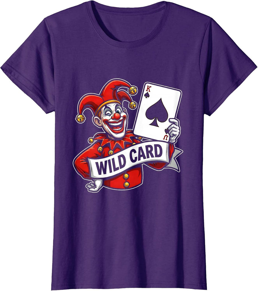 Women's Wild Card Cartoon Jester Halloween Costume Poker Player T-Shirt - Purple