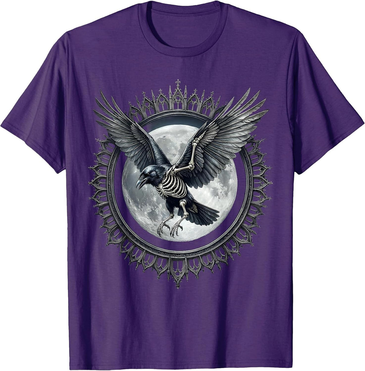 Crow Skeleton Full Moon Flight Gothic Art T-Shirt - Purple