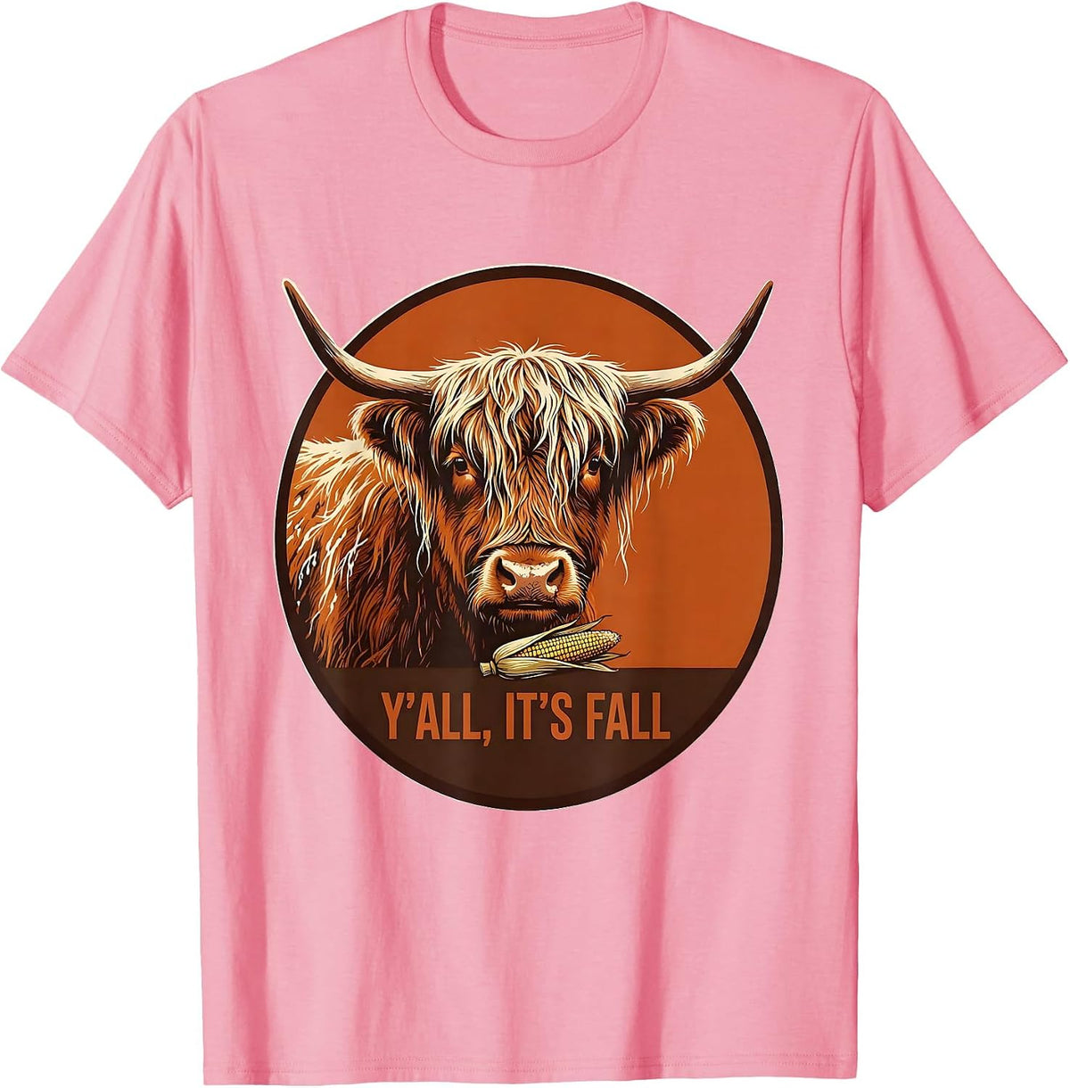 Men's Y'all, It's Fall Cute Highland Cow Autumn Cozy Seasonal T-Shirt - Pink