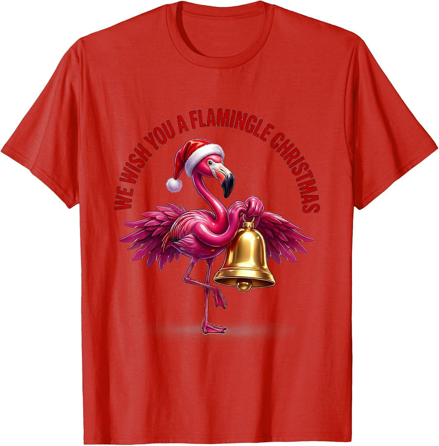 Men's We Wish You A Flamingle Christmas Funny Flamingo Santa Hat T-Shirt - Red