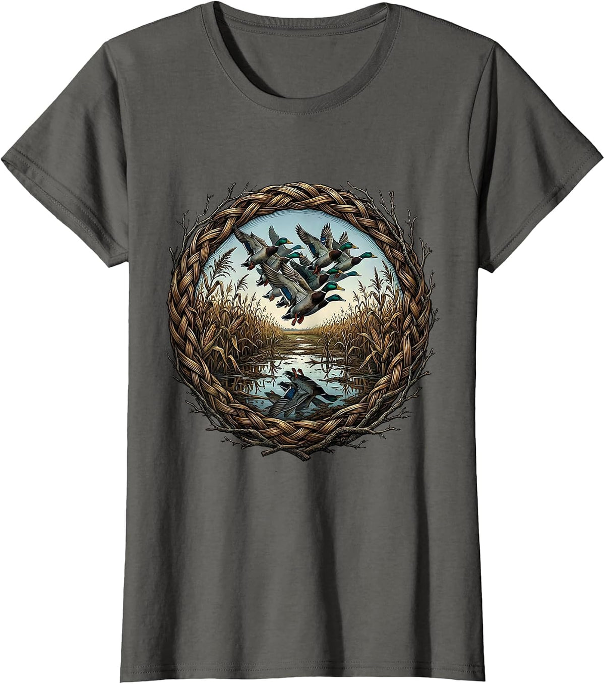 Women's Teal Duck Flooded Cornfield Bottomland Camo T-Shirt - Asphalt Grey
