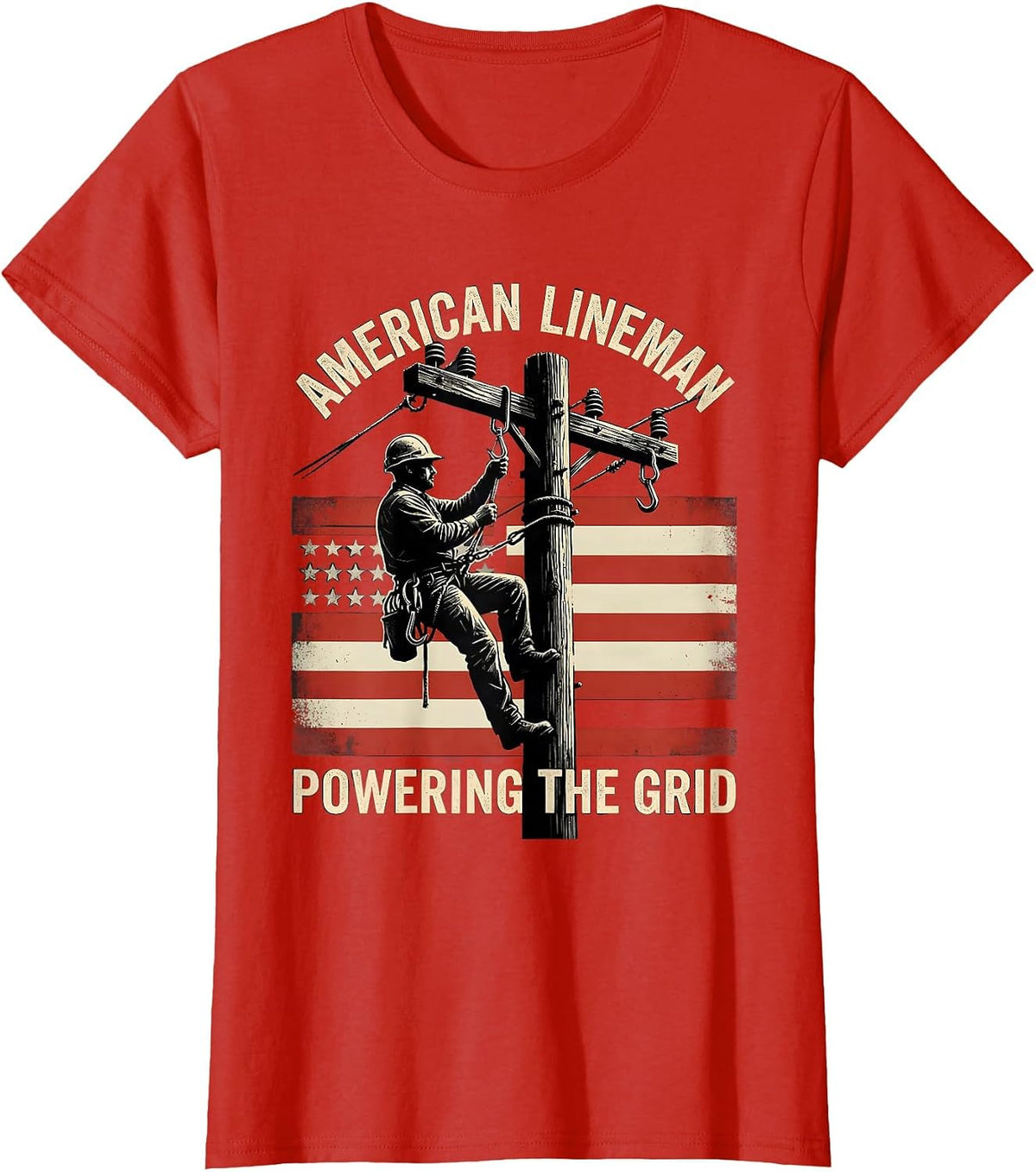 Women's American Lineman Powering the Grid Distressed Electrician T-Shirt - Red