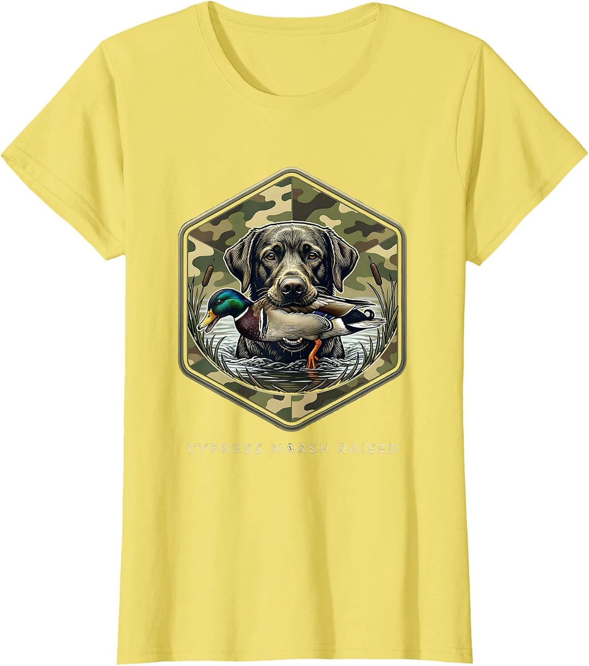 Cypress Marsh Raised Hexagonal Badge Labrador Duck Hunting T-Shirt - Lemon Yellow