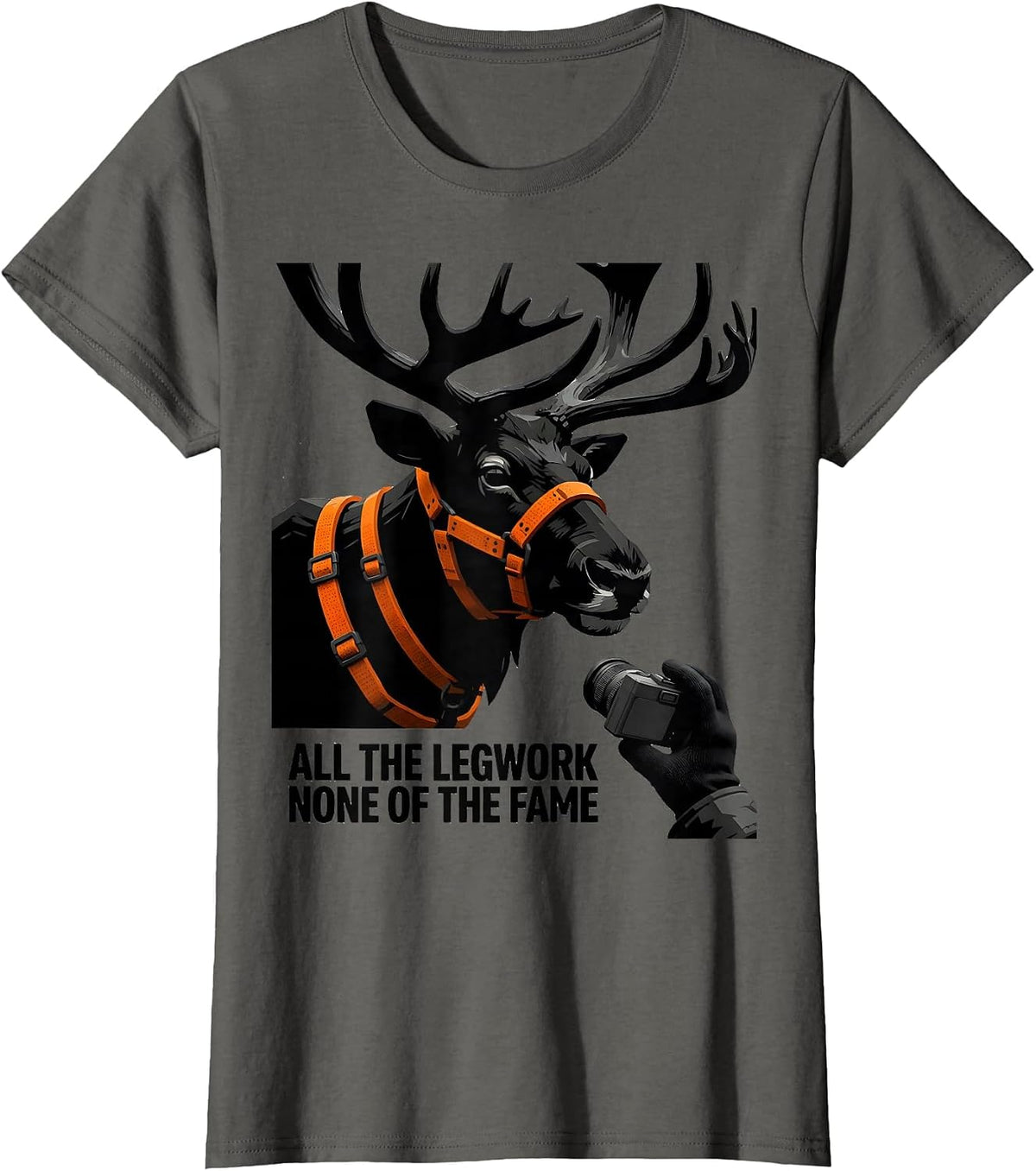Women's All The Legwork None Of The Fame Funny Reindeer Selfie T-Shirt - Asphalt Grey