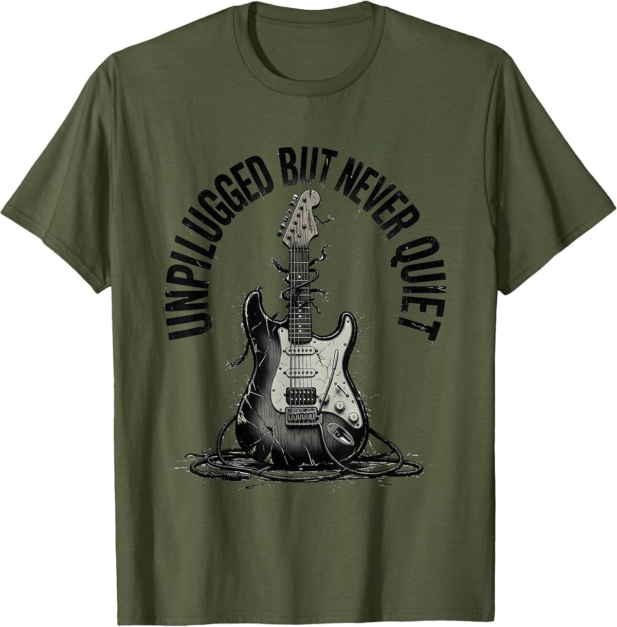 Unplugged But Never Quiet Grunge Music Design T-Shirt - Olive Green