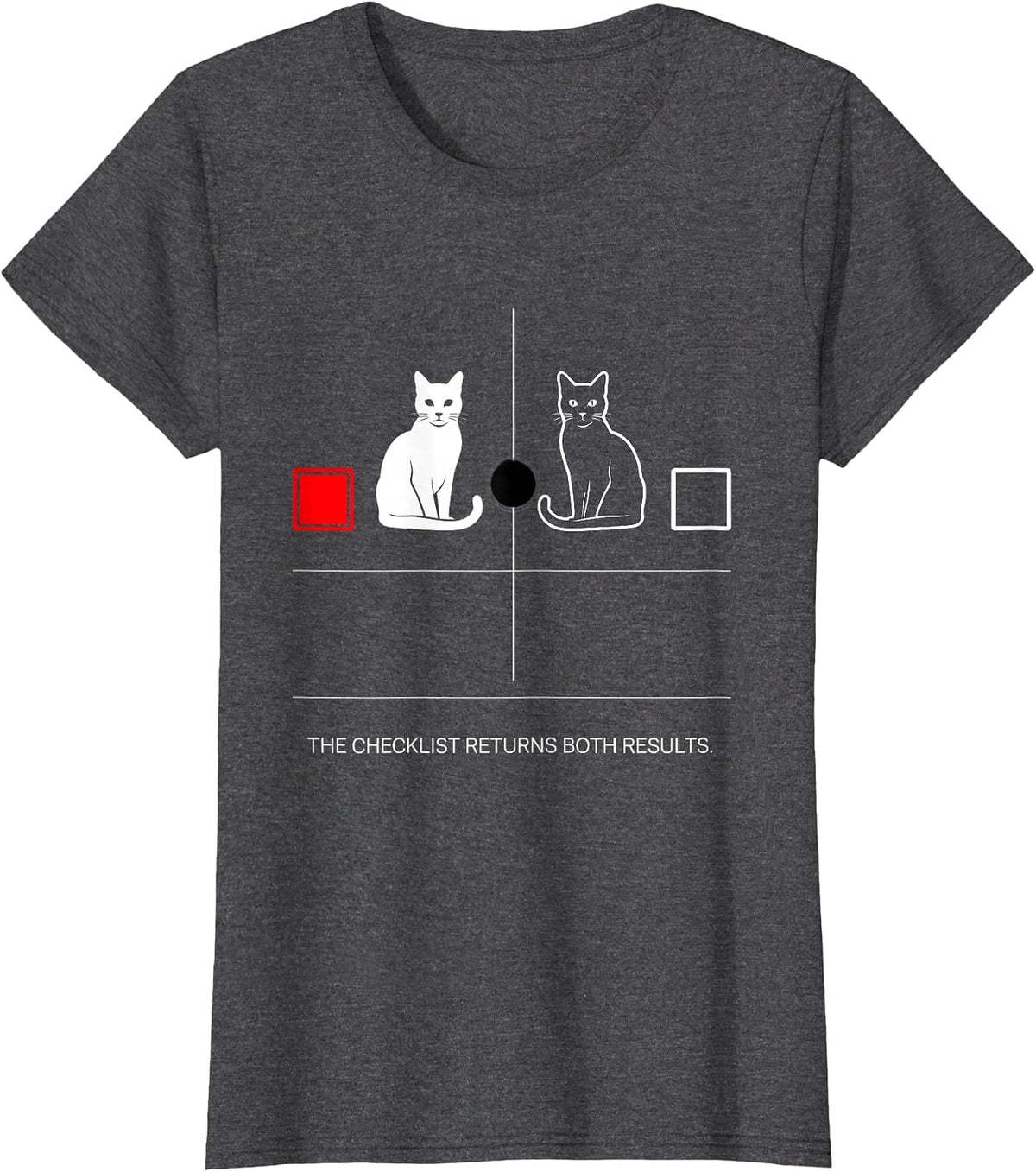 Women's The Checklist Returns Both Results Funny Physics Nerd Cat T-Shirt - Dark Heather Grey