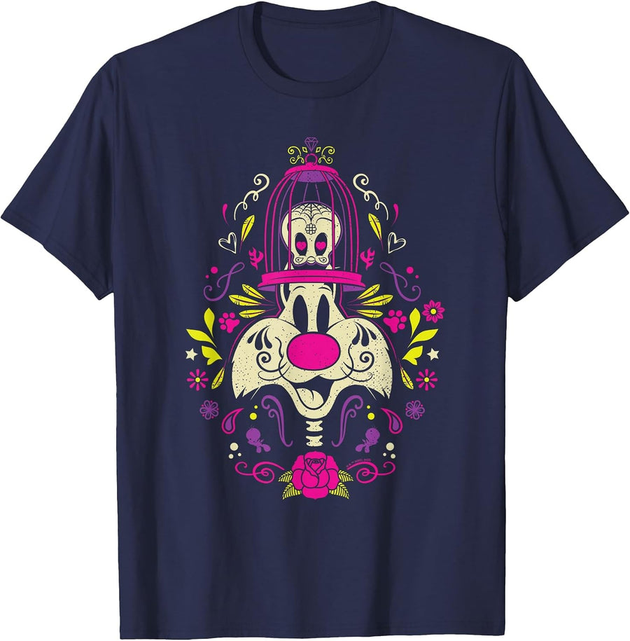 Looney Tunes Dia de Los Muertos Sylvester & Tweety Halloween T-Shirt - Navy Blue
