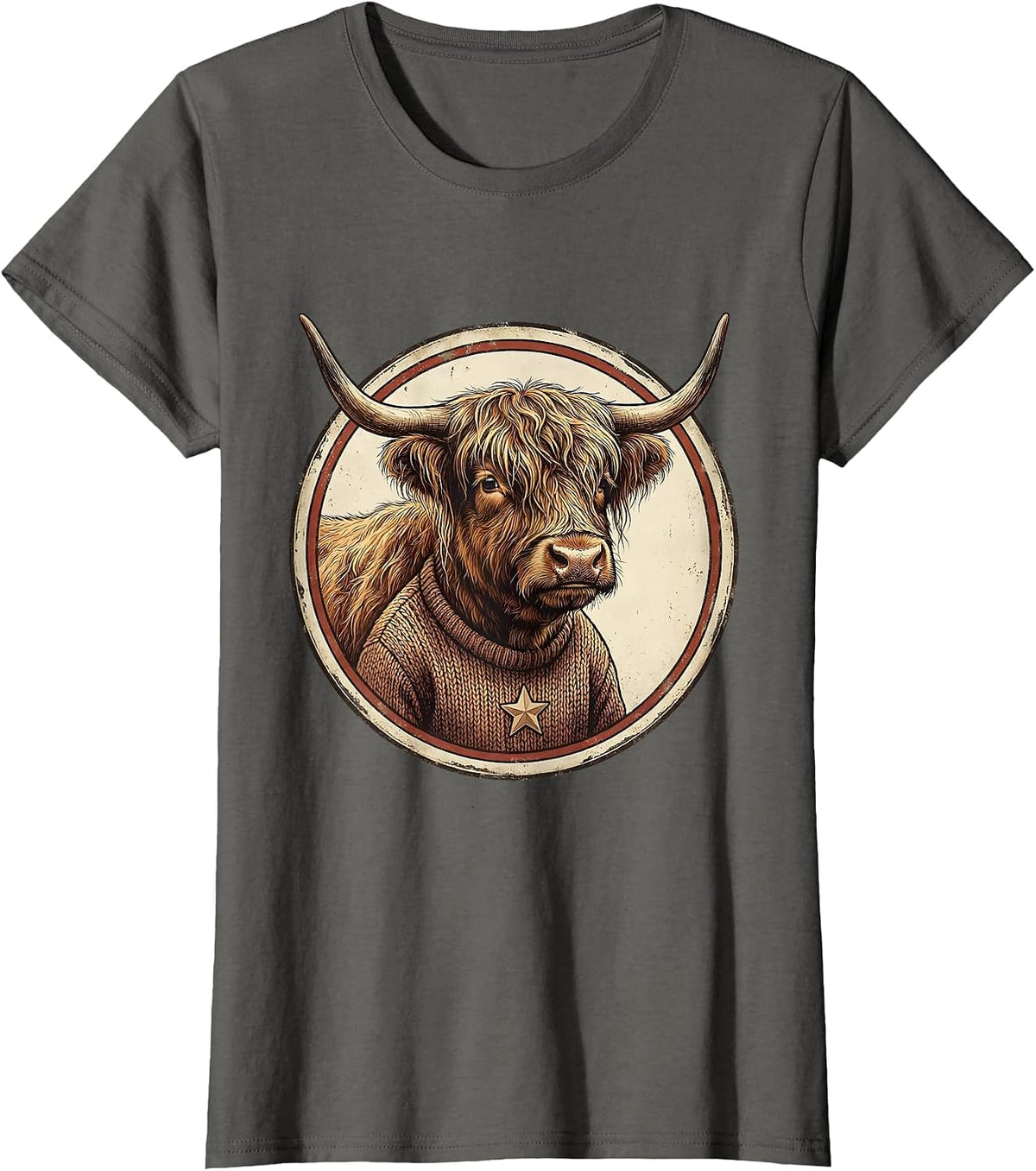 Women's Sealed Highland Cow Vintage Farm Humor Christmas T-Shirt - Asphalt Grey