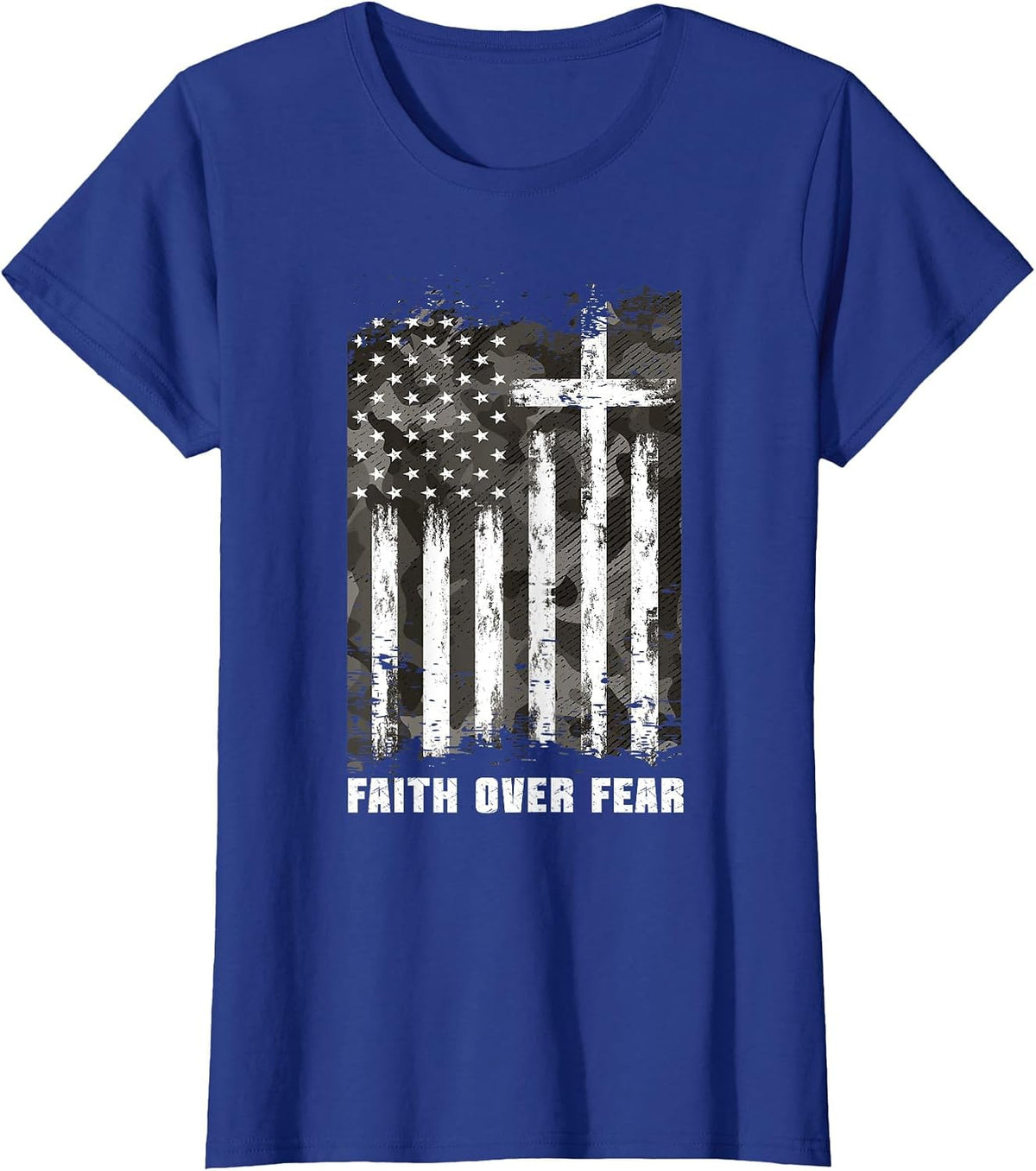 Faith Over Fear Christian Cross Camouflage American Flag T-Shirt - Royal Blue