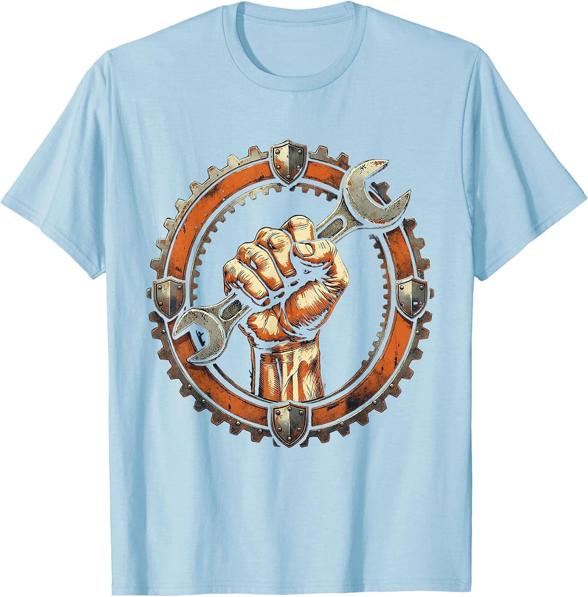 Men's Labor Day Muscular Fist Wrench Graphic T-Shirt - Baby Blue