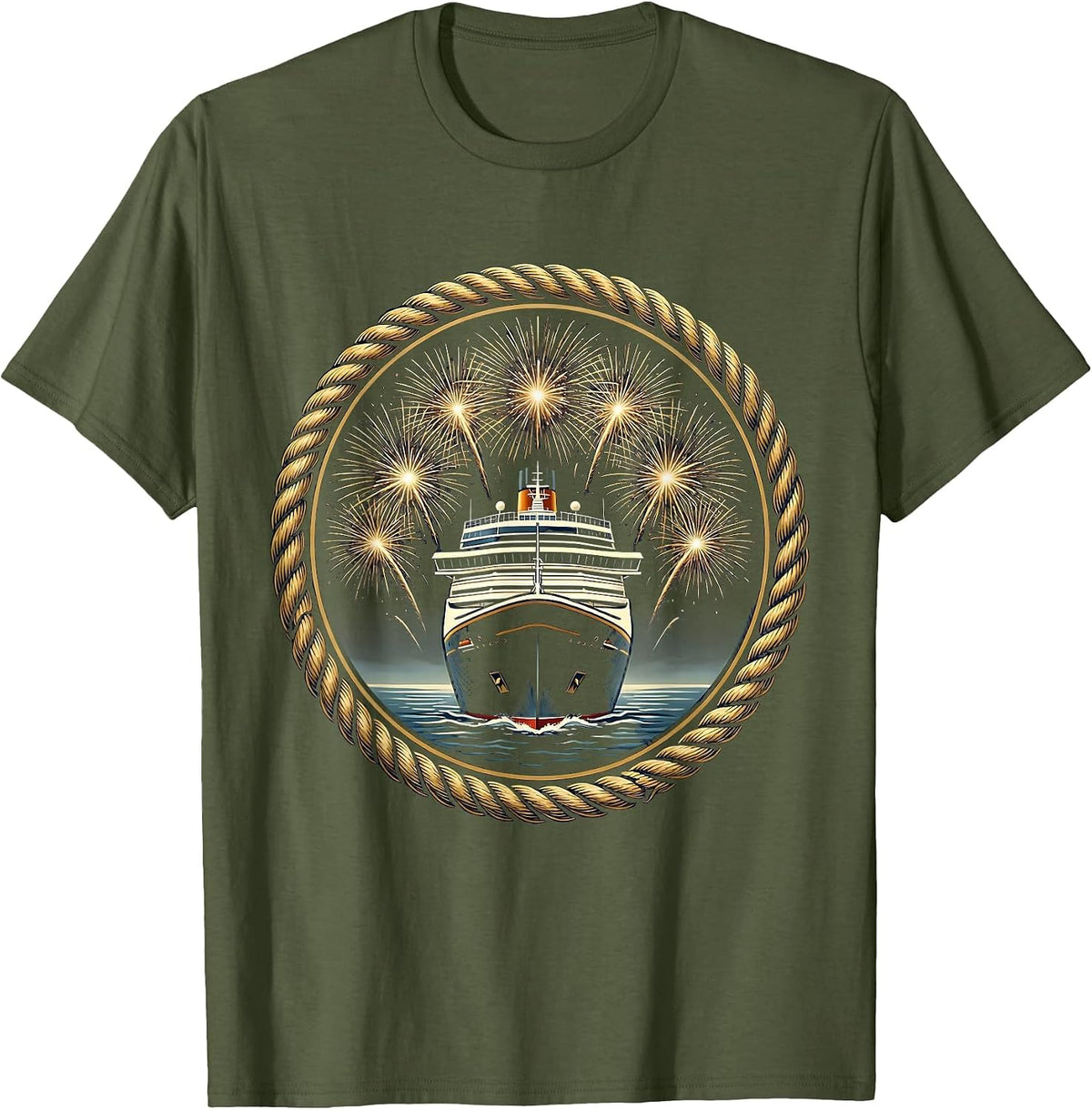 Family Cruise 2025 Fireworks Night Sky Design T-Shirt - Olive Green