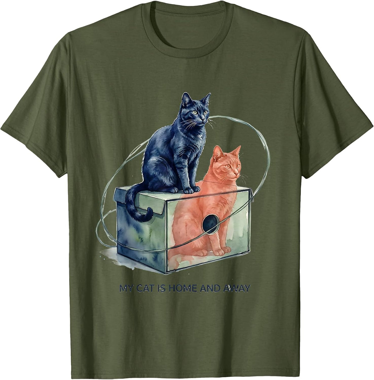 My Cat Is Home And Away Watercolor Quantum Physics Humor T-Shirt - Olive Green