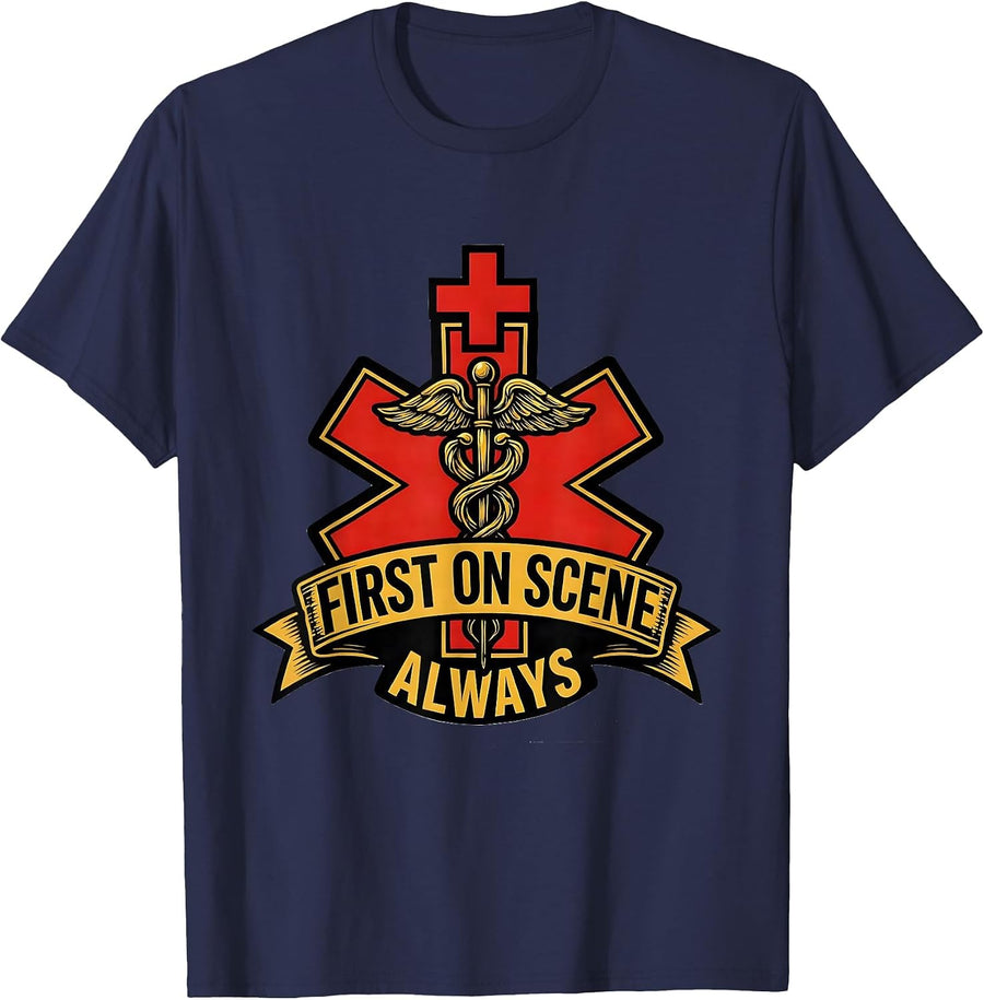 First On Scene Always EMT Graphic Design T-Shirt - Navy Blue