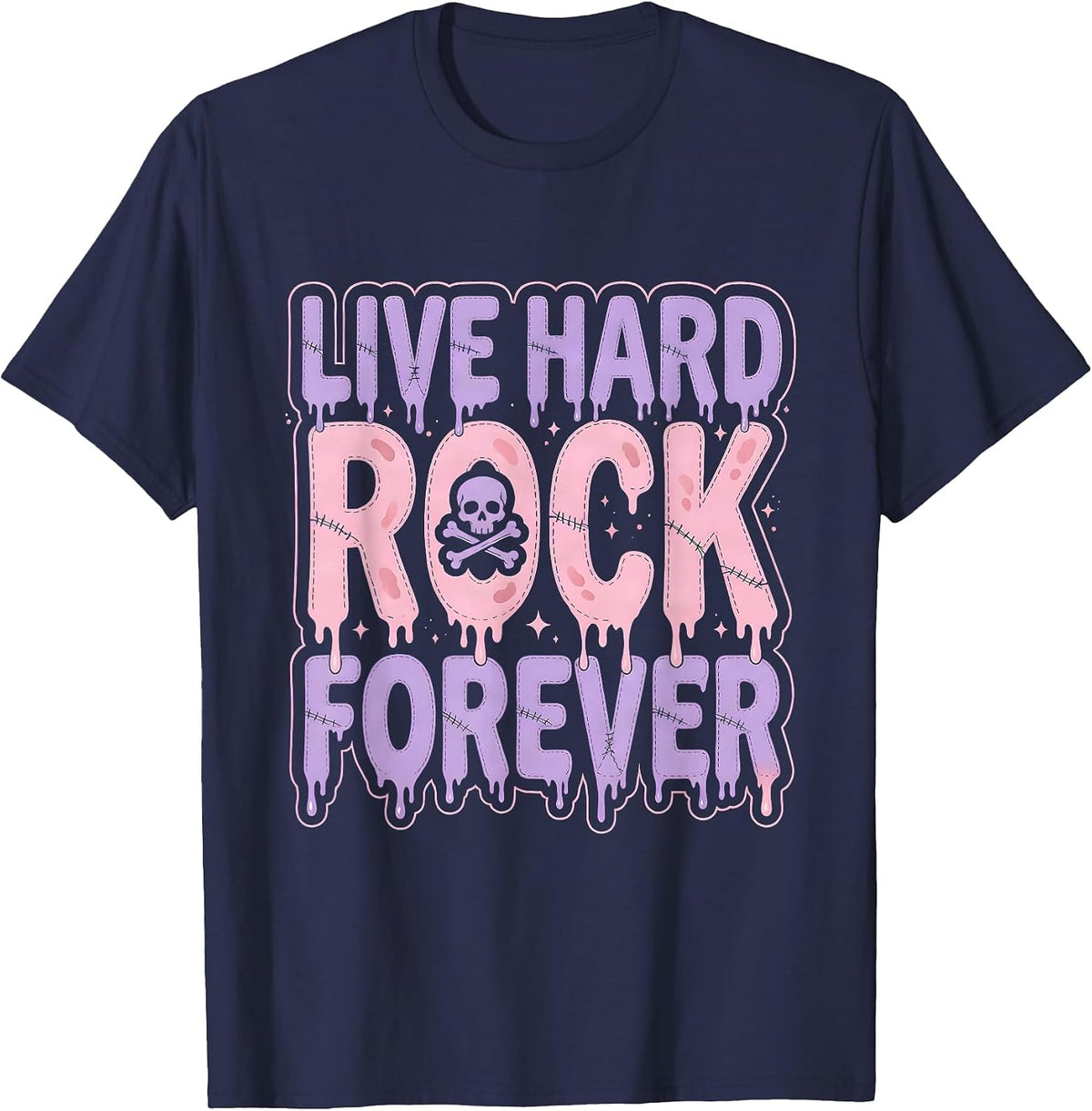 Live Hard Rock Forever Vintage Band Design T-Shirt - Navy Blue