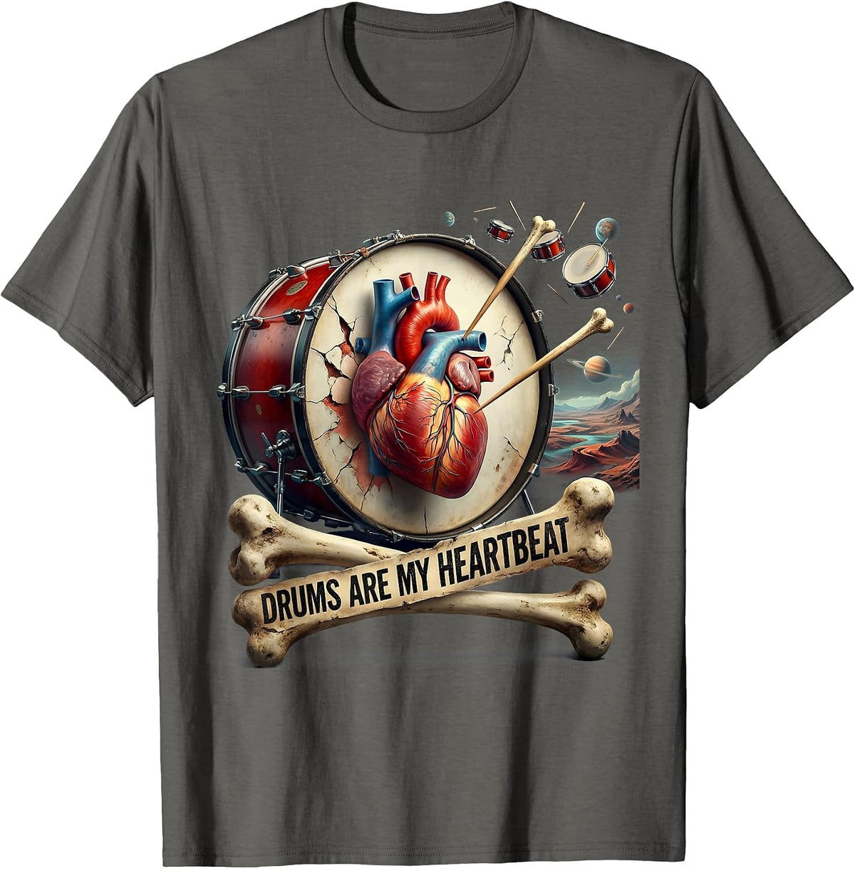 Drums Are My Heartbeat Rock Band Design T-Shirt - Asphalt Grey