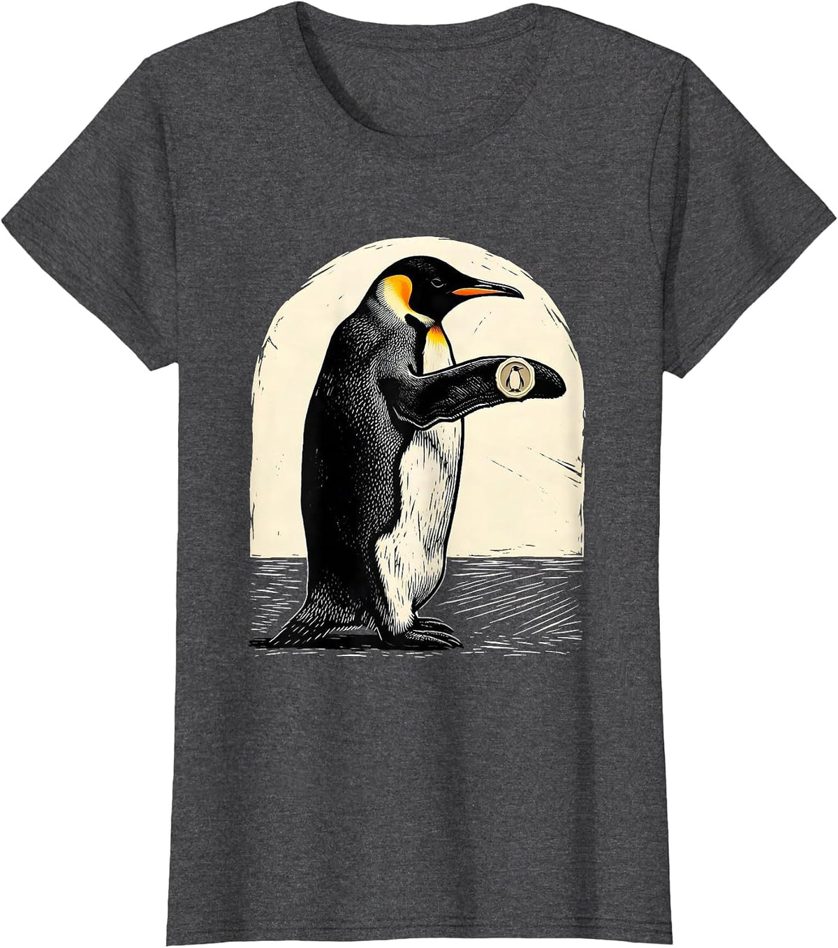 Women's Monumental Penguin Linocut Animal Lover Gift T-Shirt - Dark Heather Grey