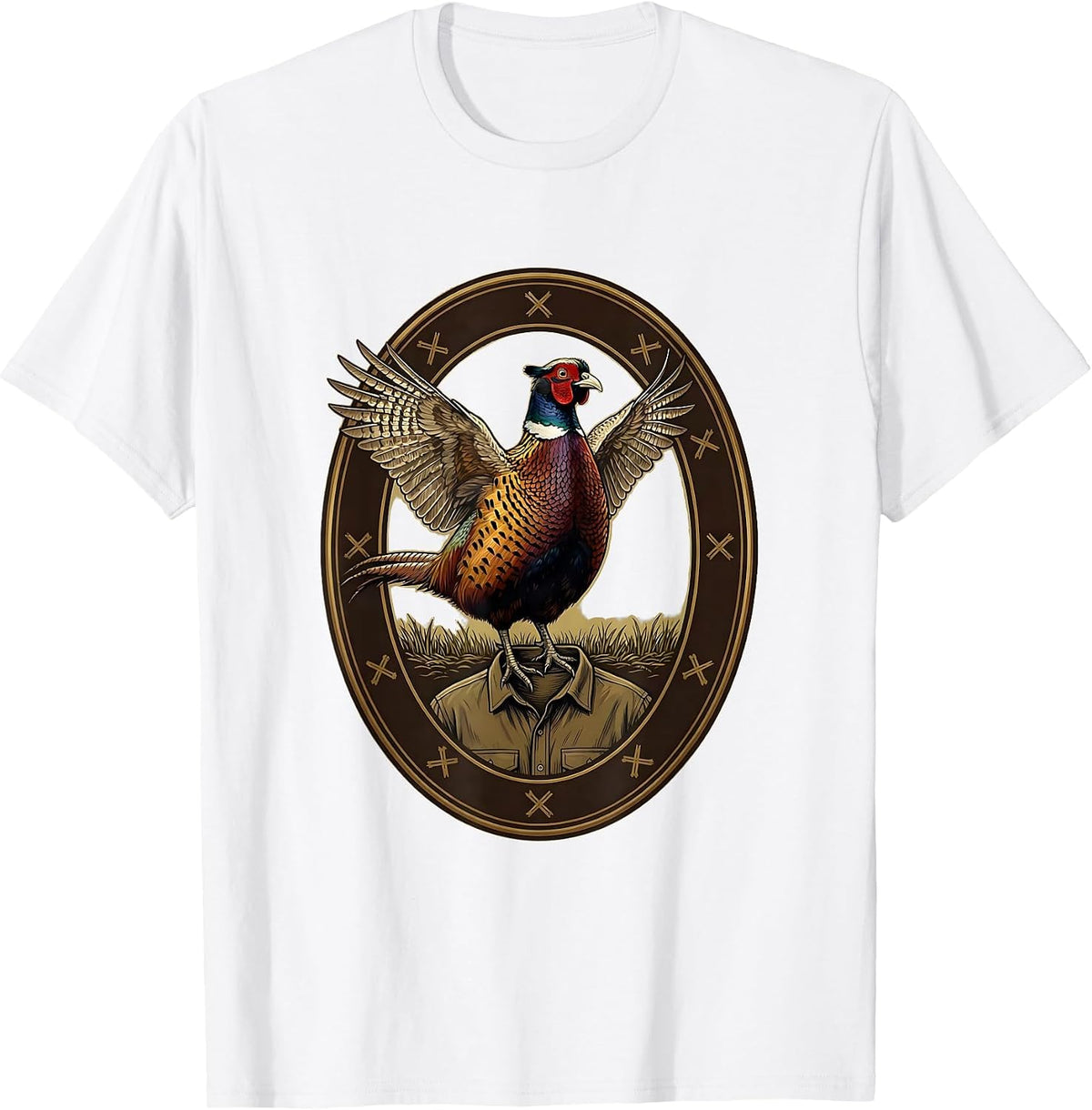 Men's Pheasant Hunter Emblem Upland Bird Hunting Vest T-Shirt - White
