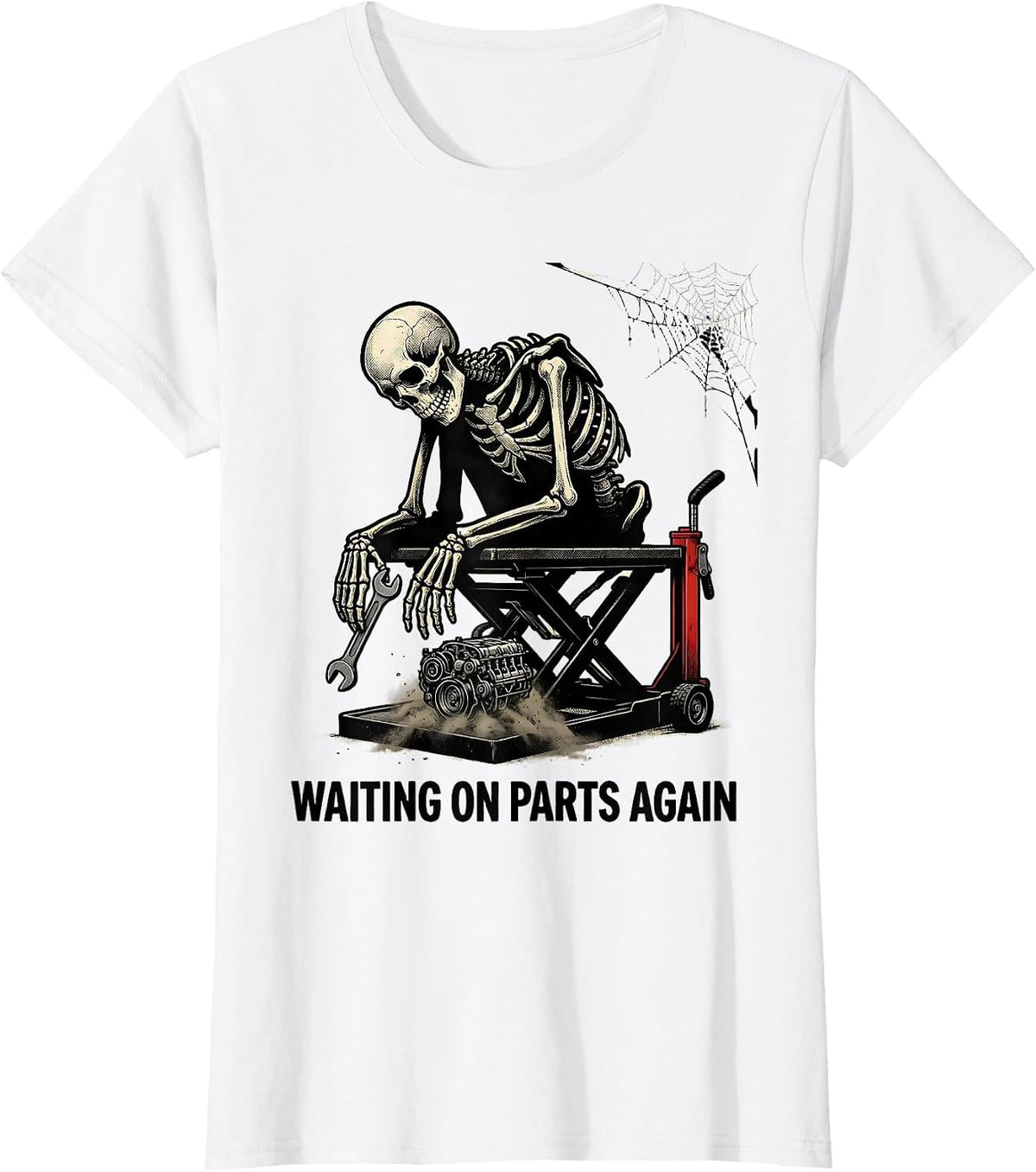 Waiting On Parts Again Funny Mechanic Skeleton Auto Repair T-Shirt - White