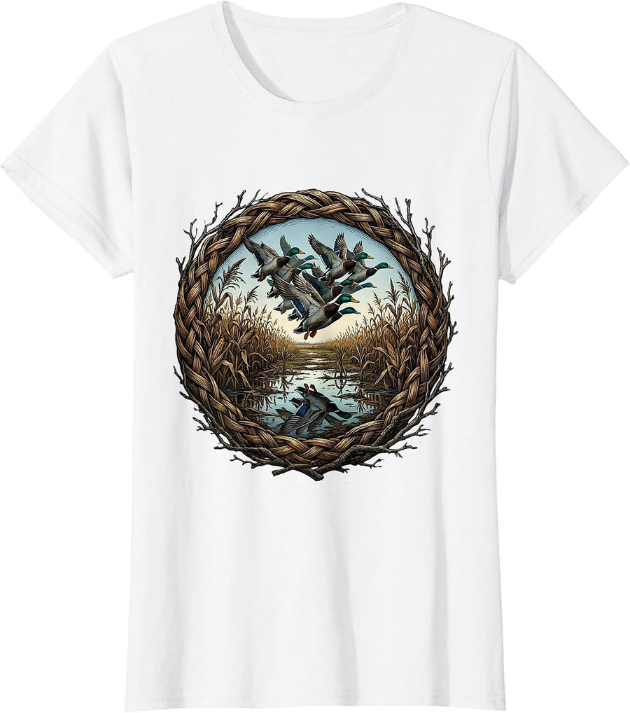 Women's Teal Duck Flooded Cornfield Bottomland Camo T-Shirt - White