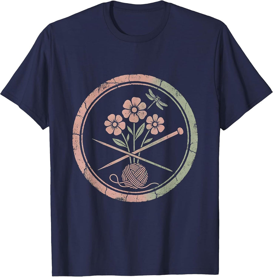 Auntie Knitting Illustration Cozy Yarn Art Design T-Shirt - Navy Blue