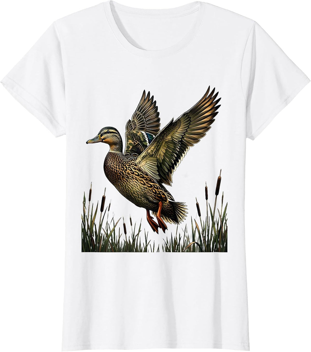 Camo Duck Flying Over Marsh Reeds Illustration T-Shirt - White