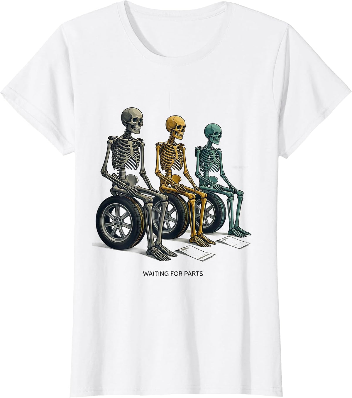 Women's Waiting For Parts Funny Mechanic Skeleton Auto Repair Life T-Shirt - White