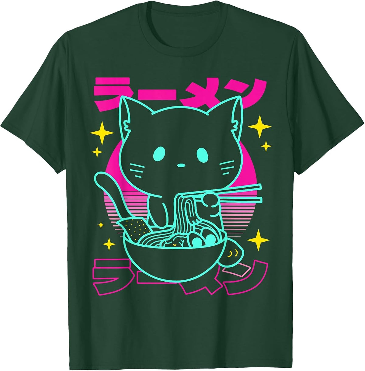 Anime Ramen Cat Retro Japanese Noodles Aesthetic Kawaii Cat T-Shirt - Dark Green