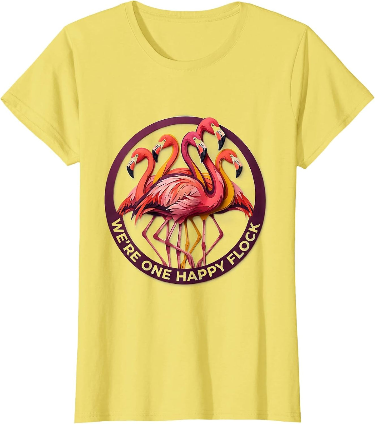 Women's We're One Happy Flock Paper Cutout Flamingo Novelty Bird T-Shirt - Lemon Yellow