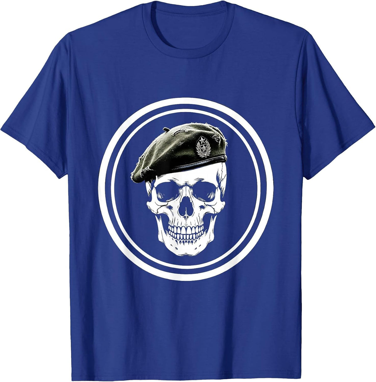 Skull Military Beret Veteran Graphic Design T-Shirt - Royal Blue